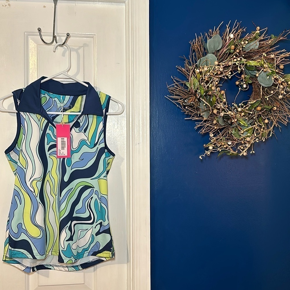 NWT Ana Clare Active Ocean Waves Polyester & Spandex UPF 50 Sleeveless Top S